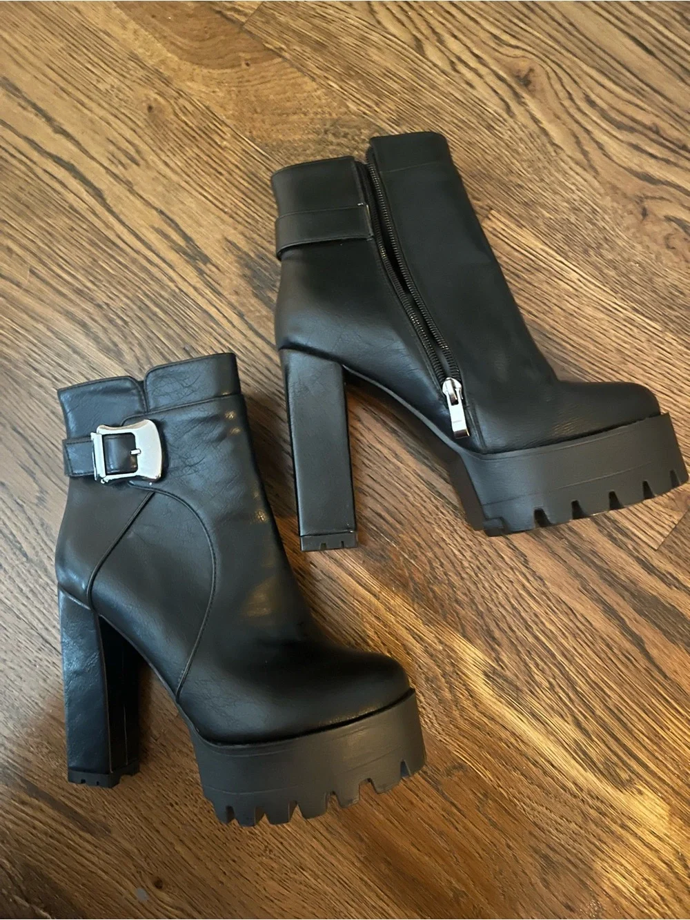 Black Platform Ankle Boots with Buckle Accent. Unbranded. Vegan leather. NWOT.